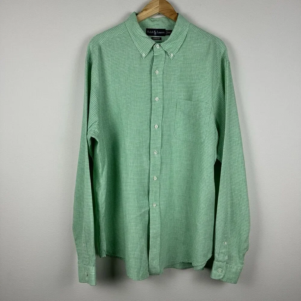 Vintage Polo Ralph Lauren Button Up Shirt Men's 2XL Green Micro Gingham Check